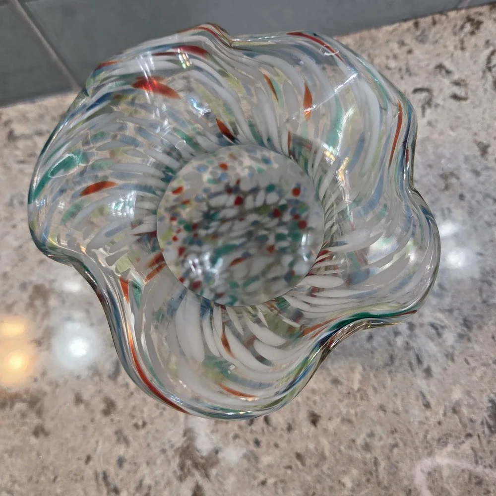 Hand Blown‎ Confetti Glass Vase Ruffled Rim Multi Color Splatter Art Glass 6.5